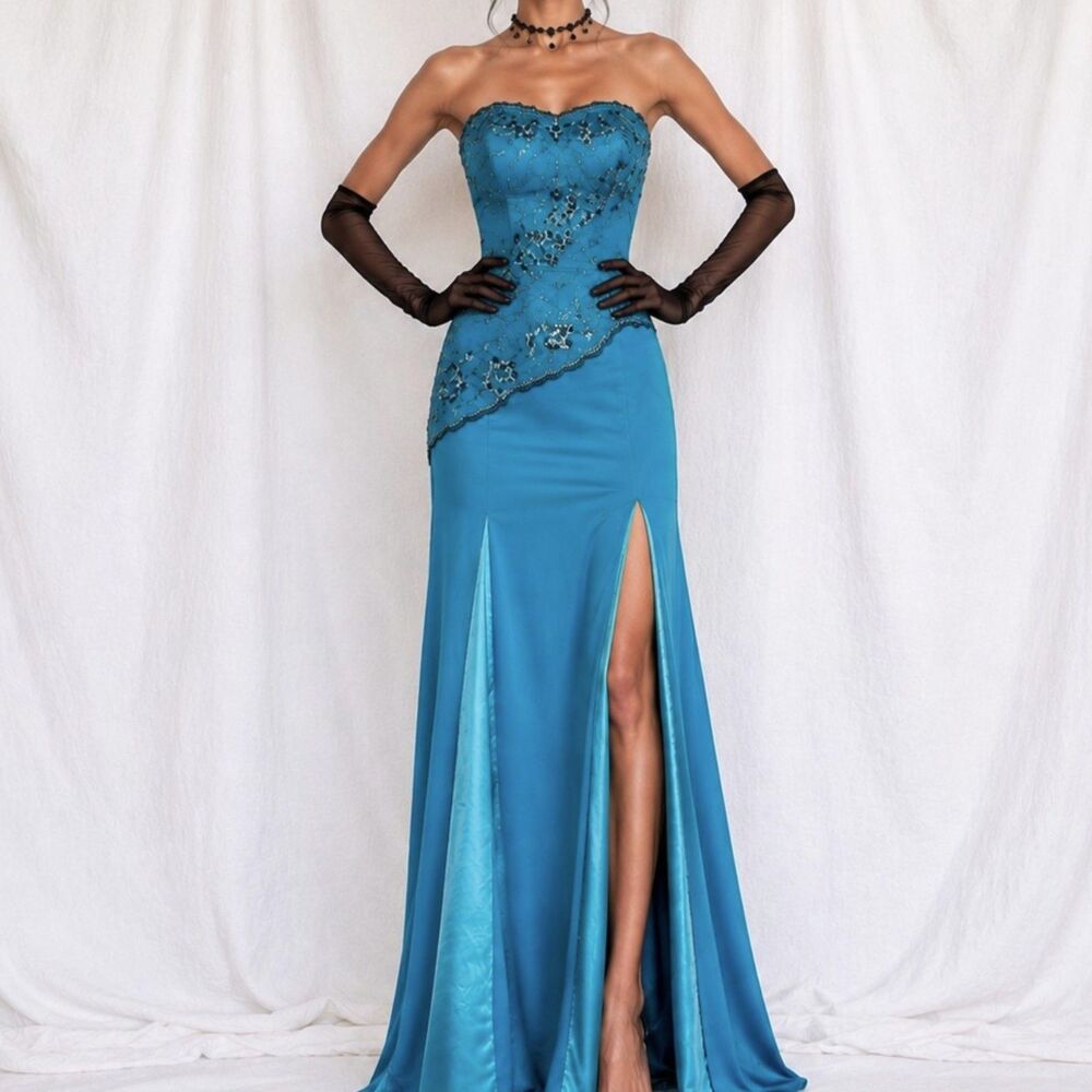 Vintage Y2K Blue Strapless Floral Beaded Lace Side Slit Maxi Prom Dress Size S